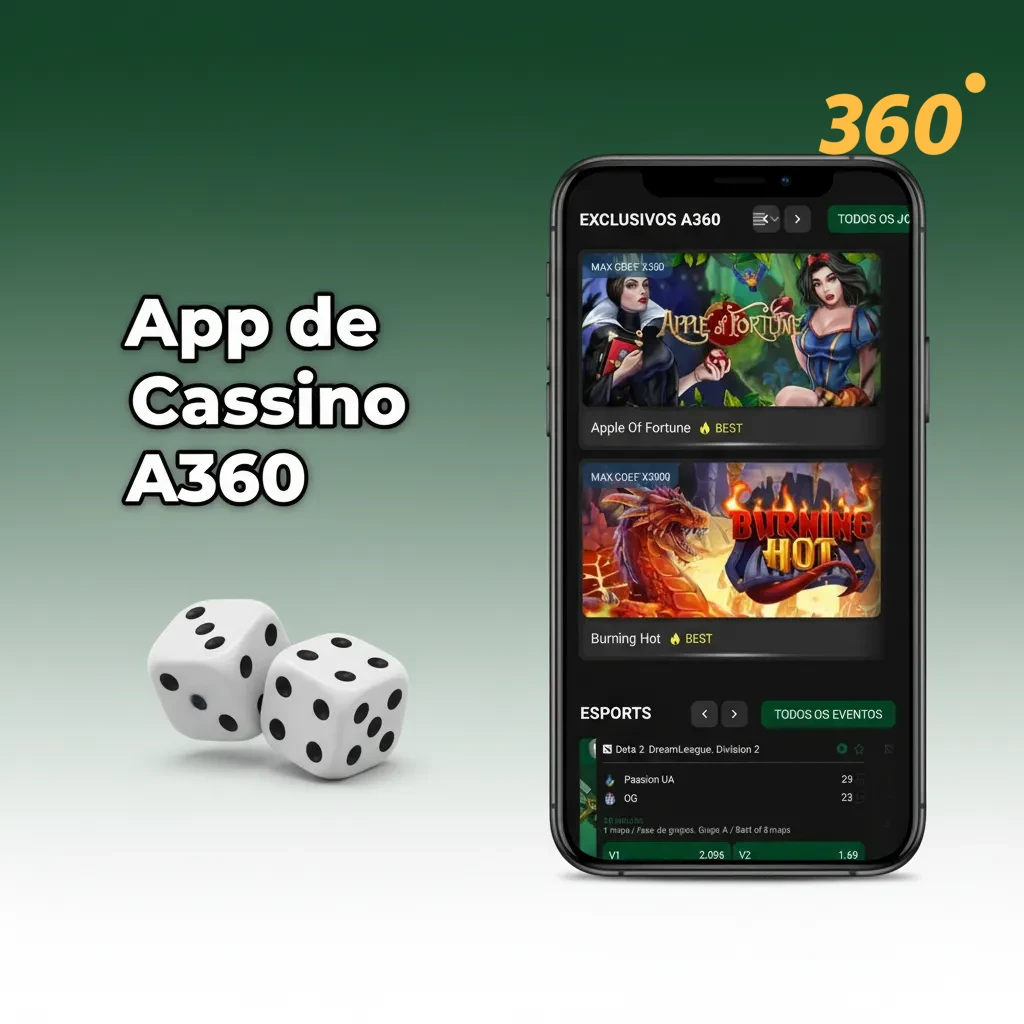 App de Cassino A360 no celular, com destaques de roleta, blackjack, bacará, slots e Live Casino com crupiês reais.