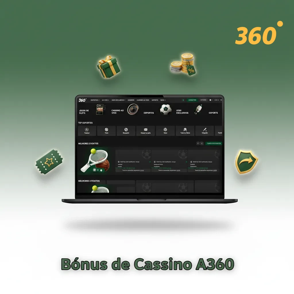Banner Bônus de Cassino A360: 4 depósitos 200% + 150 giros, recarga semanal, cashback diário, torneios e bônus no app.