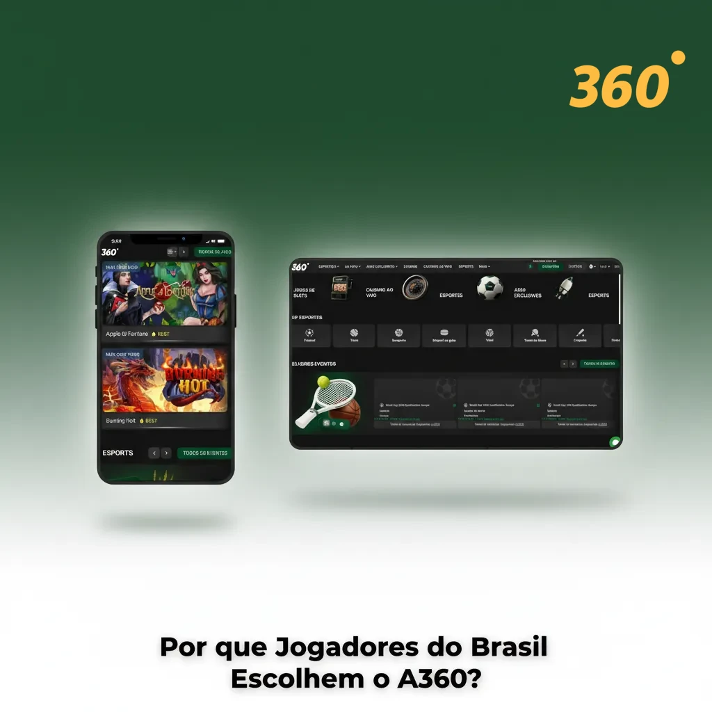 Banner destacando Pix em reais, suporte em português 24h, bônus 200% x4 + 150 giros e jogos móveis do A360 para brasileiros.