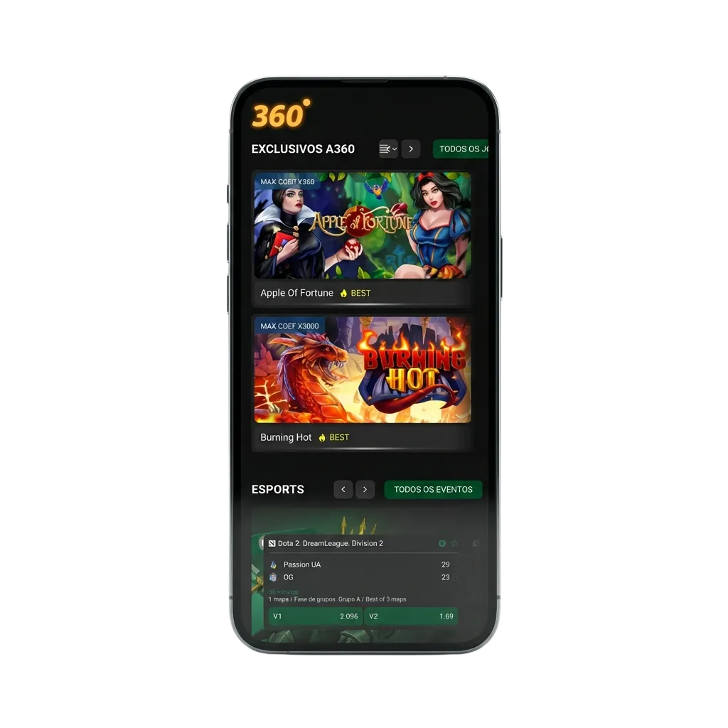 A360 app download page showing mobile betting platform with sports, live casino, and Pix payment options for Brazil